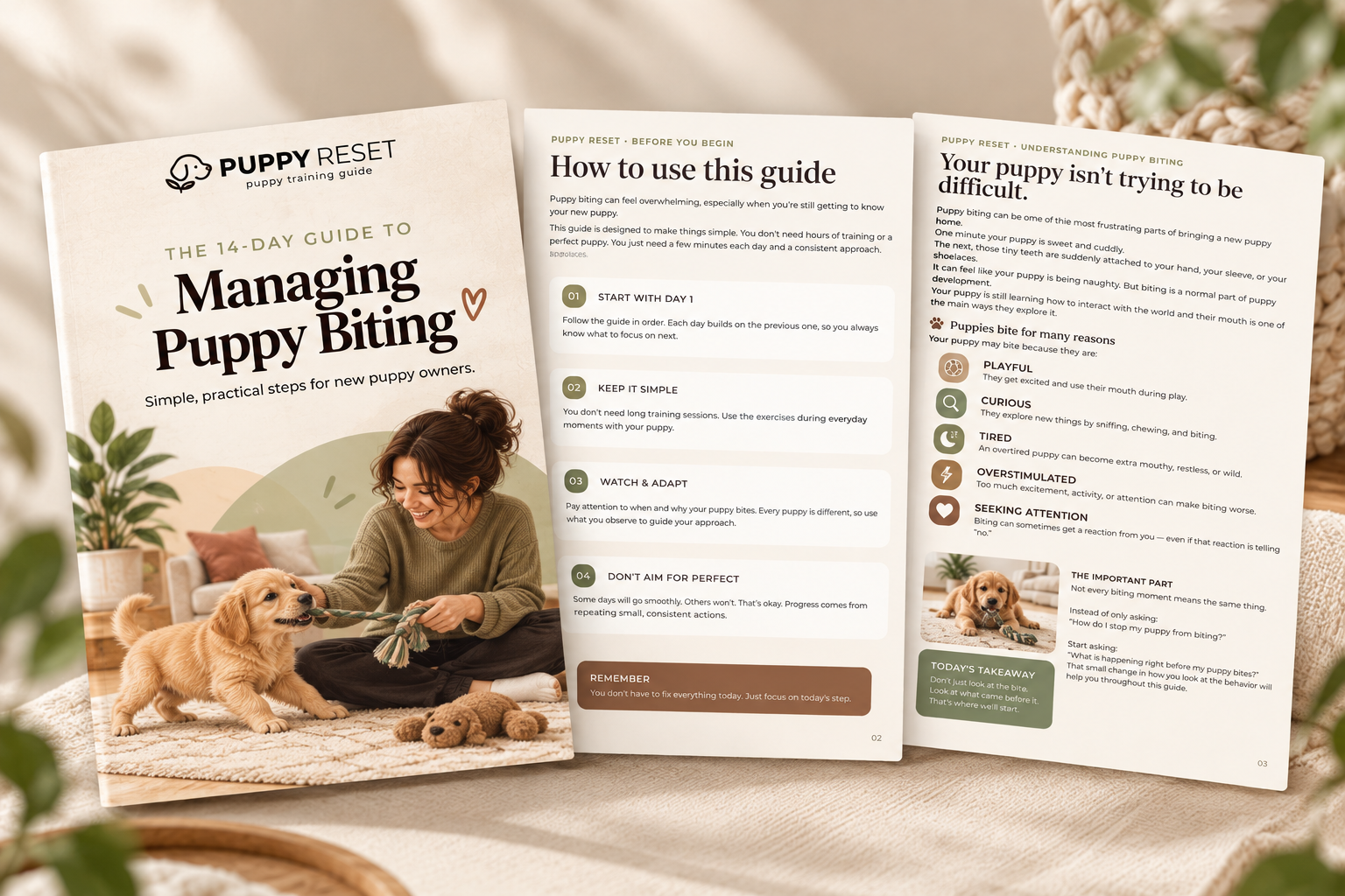Preview of the guide: the cover and two inside pages of The 14-Day Puppy Biting Reset
