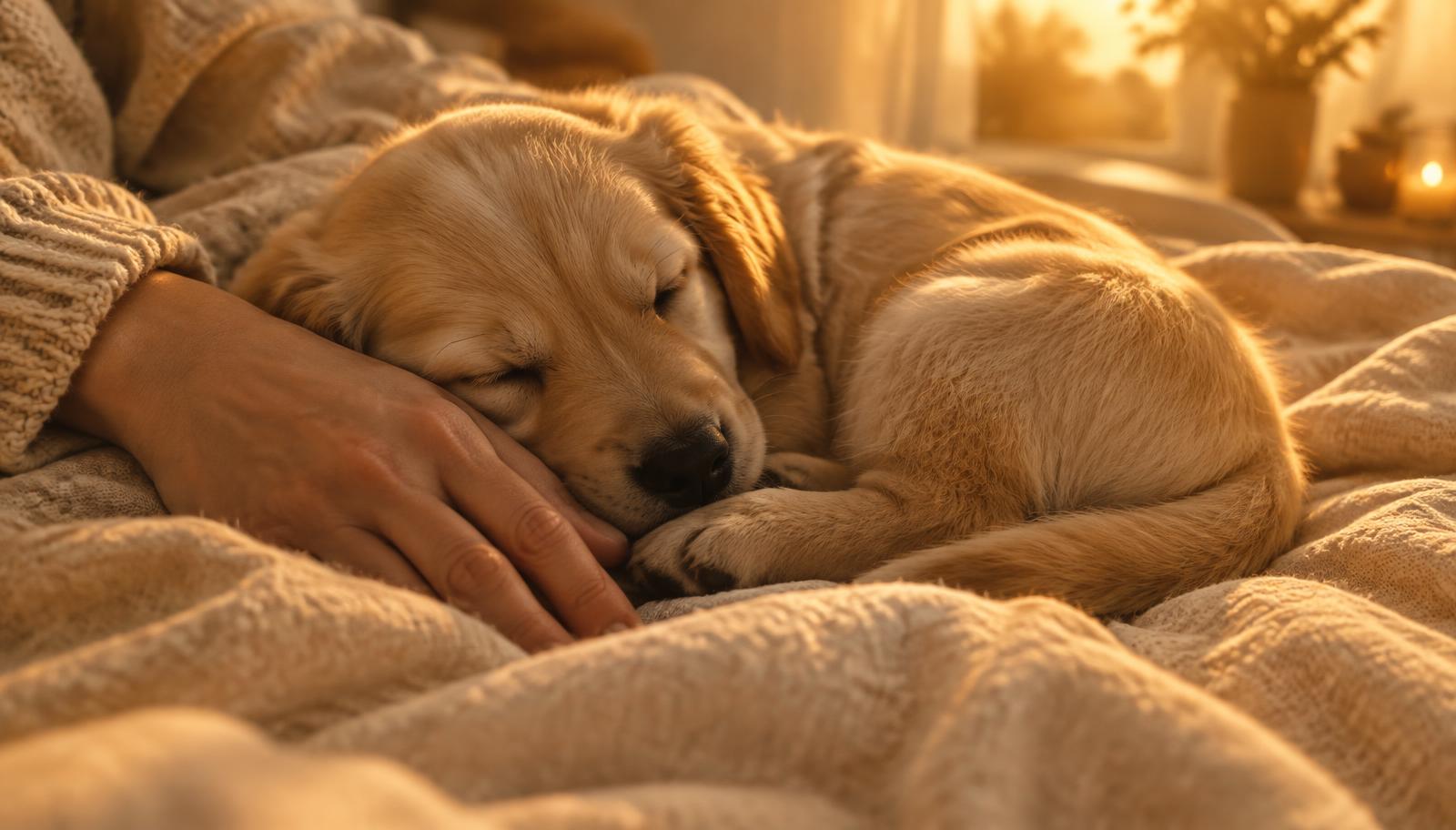 A sleeping puppy beside its owner’s hand